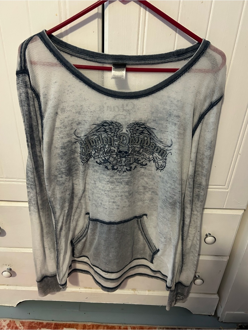 EUC HARLEY-Davidson Waffle Weave Thermal Long Sleeve Tee w/Graphic Design SKULL!